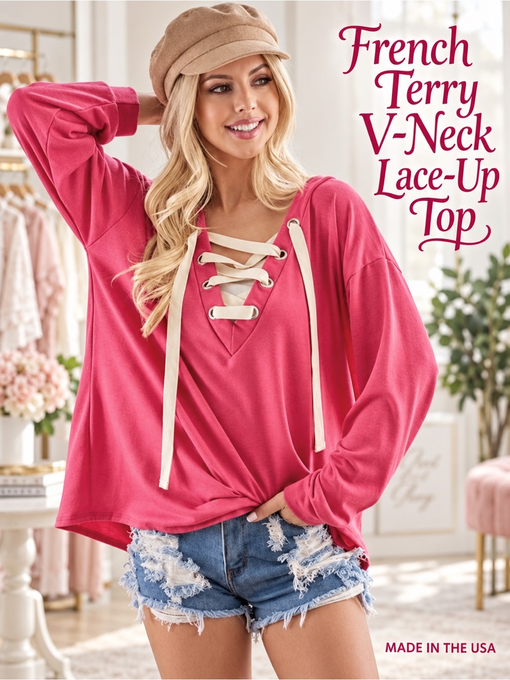 French Terry V Neck Pink Lace Up Top NEW